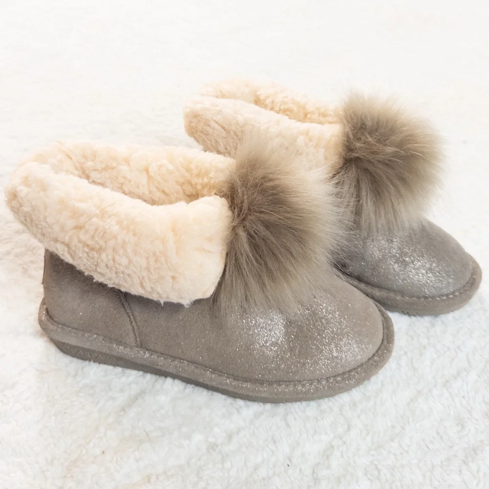 Bearpaw Women’s Size 8 Glitter Suede Boots with Fur Trim & Pom Poms